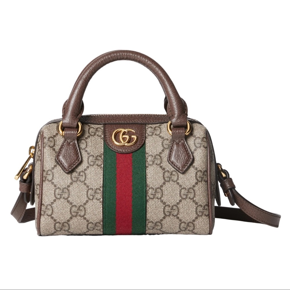 GUCCI Ophidia Boston $1560 Beige/brown GG Canvas & Leather Top Handle Bag New